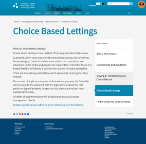 Our updated content and design for the Choice Based Lettings page. This content was written by the Housing department before the page was designed. We designed the page and the global navigation structure once real content was available.